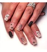Halloween Press on Nails Medium Square Fake Nails Matte Glue on nails Nude False Nails with Cute ...