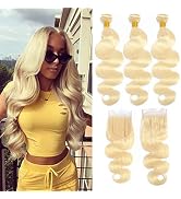 613 Blonde Bundles with Closure 161412 with10 100% Unprocessed Brazilian Body Wave Bundles with C...