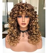 Annivia Curly Wig with Bangs for Black Women Ombre Blonde Kinky Long Curly Shag Synthetic Hair Wi...