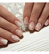 Christmas Gradient Press on Nails Short Square Shaped Fake Nails with Glitter Snowflake Designs G...