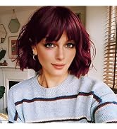 BESTUNG Short Burgundy Wigs for Women Wine Red Curly Wig with Bangs,Dark Red Bob Wig Synthetic Ha...