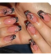 Black French Tip Press on Nails Medium Square False Nails Bling Diamond Fake Nails with Design Gl...