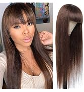 Brown Human Hair Wigs with Bangs for Black Women Brazilian Straight Glueless Non-Lace Wigs (16 In...
