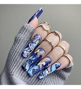 Press on Nails Extra Long Coffin Summer Blue Fake Nails Gradient Full Cover False Nails with Gold...
