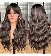 Annivia Long Brown Wavy Wig with Bangs for Women Long Curly Wavy Wig Natural Looking Synthetic He...