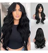 Haoland Black Wig for Women 26 Inch Long Wavy Synthetic Wig With Bangs Heat Resistant Natural Bla...