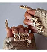 BABALAL French Tip Press on Nails Long Square Fake Nails Brown Cheetah Glue on Nails 3d Bow Charm...