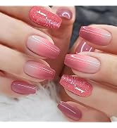 Red Gradient Acrylic Press on Nails Coffin Medium Length False Nails with Glitter Sequins Designs...
