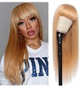 REMY Hair Honey Blond Human Hair Wigs with Bangs Brazilian Straight Hair Wig Glueless None Lace W...