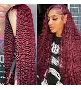 250% Density 99J Burgundy 13x6 Deep Wave HD Lace Front Wigs Human Hair for Women Glueless Burgund...