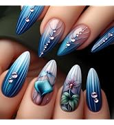 Ballerina Flower Press on Nails with Rhinestones False Nails Long Almond Blue Gradient Glue on Na...