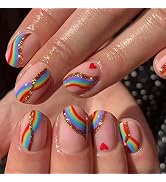 ANDGING Press on Nails Short Square, Fake Nails for Women with White Nude Pink Heart Rainbow Gold...