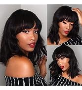 WIGNEE Natural Wave Wigs with Bangs 100% Brazilian Human Hair Fashion Wave Wigs Natural Black