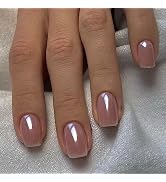 ROMODIYA Press on Nails Short Square, Glazed Pink Chrome Fake Nails, Gel Made Solid Color False N...