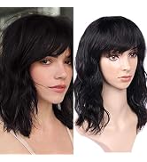 WIGNEE Women's Natural Black 12 Inch Wavy Human Hair Wig with Bangs