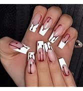 Halloween Press on Nails Long Square Fake Nails White French Tip False Nails Full Cover Coffin Na...