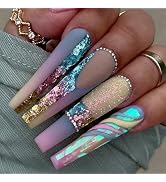 Long Press on Nails Coffin Fake Nails Full Cover Glue on Nails with Colorful Sequins Designs Extr...