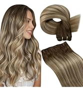 Hetto Weft Hair Extensions Human Hair #3/8/22 Balayage Brown to Medium Brown With Light Blonde Se...