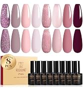 ROSALIND Pink Purple Gel Nail Polish Set, 8 Colors Pink Glitter Gray Gel Polish, Gentle Pink Eleg...