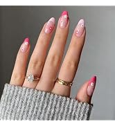 24pcs Press on Nails Almond False Nails Full Cover with Pink White Flower Designs Acrylic Nails L...