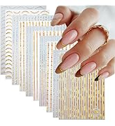 10 Sheets Gold Nail Art Stickers,Line 3D Metallic Nail Stickers Self-Adhesive Nail Decals Hologra...