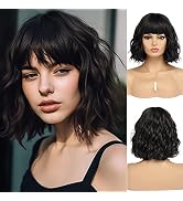 BESTUNG Short Black Bob Wig With Bangs Synthetic Natural Hair Wigs for Women Wavy Shoulder Length...