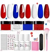 Honey Joy Dip Powder Nail Kit Starter,4 Colors Red White and Blue Nails Fourth of July Firework D...
