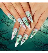 Halloween Press on Nails Medium Glossy Almond Fake Nails Halo Green Heart Glue on Nails Eye Lips ...