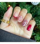 Christmas Press on Nails Short Square French Winter Fake Nails Red Full Cover Swirl Candy Cane Fa...