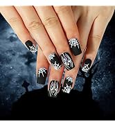 Halloween Press on Nails Medium False Nails with White Spider Web Rhinestones Designs Full Cover ...