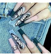 ANDGING Press on Nails Medium Length Coffin, Fake Nails for Women with Black Gold Pink Butterfly ...