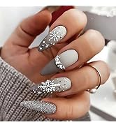 Christmas Almond Press on Nails Medium False Nails with Glue Full Cover Stick on Nails Matte Grey...