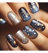 Starry Sky Press on Nails Short Square Fake Nails Gold Star Design Acrylic Nails Glossy Astral Gl...