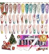 Clara Colors Glitter Gel Polish Nail Art Gel Liner Set, 12 Colors Green Red Chrismas Gel Paint fo...