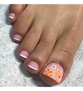Flower Press on Toenails Square Nude Pink Fake Toenails Colorful Flowers Daisy Design French Acry...