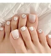 ROMODIYA White Press on Toenails Short Square Rhinestones Gradient Fake Toe Nails with Design Acr...