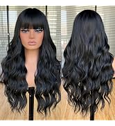 Annivia Long Black Wavy Wig with Bangs for Women Long Curly Wavy Wig Natural Looking Synthetic He...
