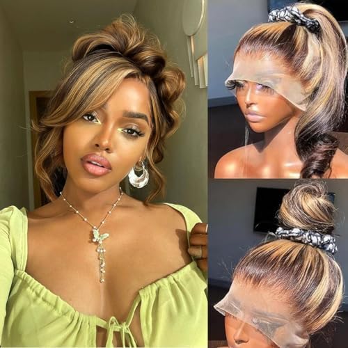 Brofiri 28 Inch Honey Blonde Wig Human Hair Highlight Ombre Body Wave 360 Lace Front Wigs Human Hair Pre Plucked Glueless Wigs for Women Drawstring Full Frontal Lace Wig 4/27 Colored 180% Density