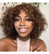 HUA Short Curly Human Hair Wig With Bangs for Black Women Glueless Deep Wave Bob 4/30 Highlight W...