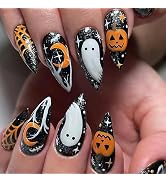 Halloween Press on Nails Medium Stiletto Fake Nails Black Full Cover Ghost Pumpkin Spider Web Glu...