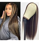 EVLYNN HAIR Brown Mixed Blonde Long Straight for Women Natural Wig Middle Part Straight Brown wit...