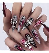 IFMOPETY 24pcs Press on Nails,Long Stiletto Fake Nails, Goth Rose Pink Black Ombre Nails，Punk Cro...