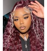 YMSGIRL Skunk Stripe Wig 99J Burgundy Lace Front Wig Human Hair With Blonde Color Deep Wave 5X5 C...
