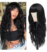 Black Wig with Bangs Long Wavy Black Wigs for Women 26Inch Synthetic Natural Looking Hair Replace...