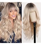 ORSUNCER Blonde Wig with Bangs Long Wavy Curly Ombre Blonde Wig Natural Looking Synthetic Heat Re...