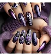 BABALAL Press on nails Long Coffin Fake Nails Purple Black Glue on Nail Supplie Rose Design Goth ...