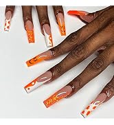 YOSOMK Long Press on Nails Orange Smile Fake Nails with Designs Glossy False Nails for Women Girl...