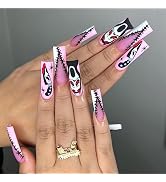 Halloween Press on Nails Long Coffin Fake Nails Full Pink Stripe False Nails with Ballet Matte Fr...