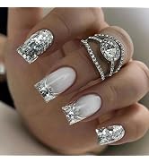 French Tip Press On Nails Short Medium Fake Nails, Glitter Gem Square Full Cover Acrylic Gel Nail...