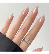 Almond Press on Nails Medium Pink Fake Nails Glossy Chrome False Nails with Designs Solid Color G...
